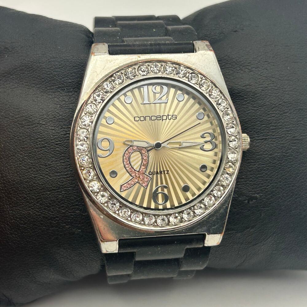 Concepts Breast Cancer Awareness Ribbon Watch Crystal Bezel Black Band Quartz